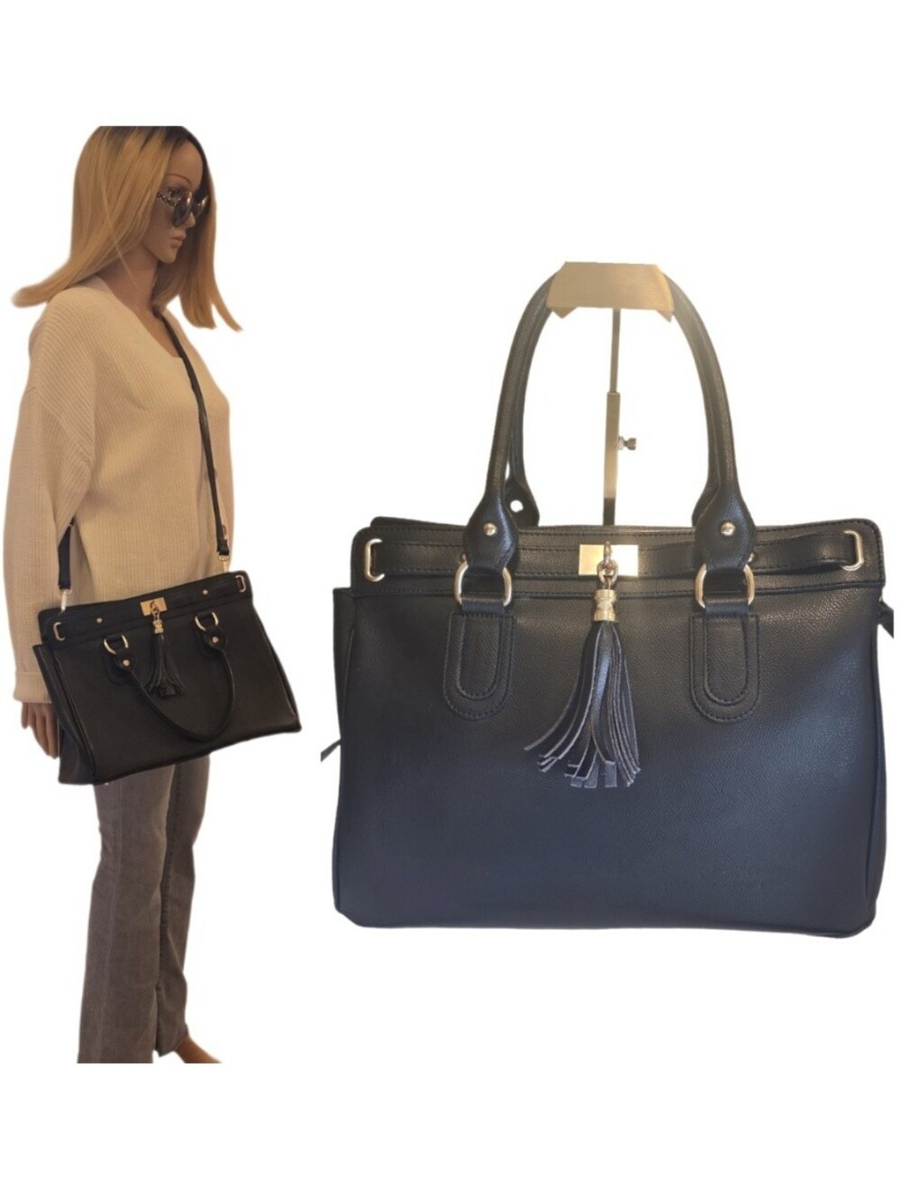 Christian Laurier Paris Nelly Black Leather Satchel Tote Handbag Made in Italy